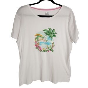Croft and Barrow Classic Tee Womens White Graphic with Tropical Print Size XL